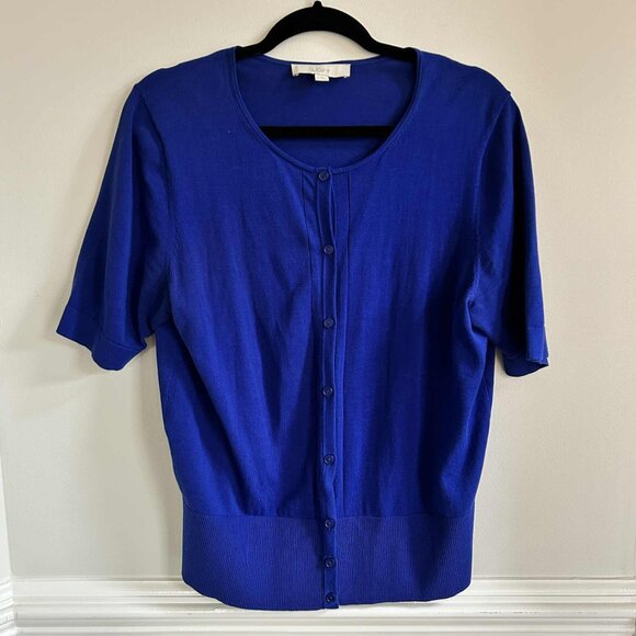 Loft Royal Blue Short Sleeve Cotton Scoop Neck Button Up Sweater Cardigan Large - Picture 1 of 7